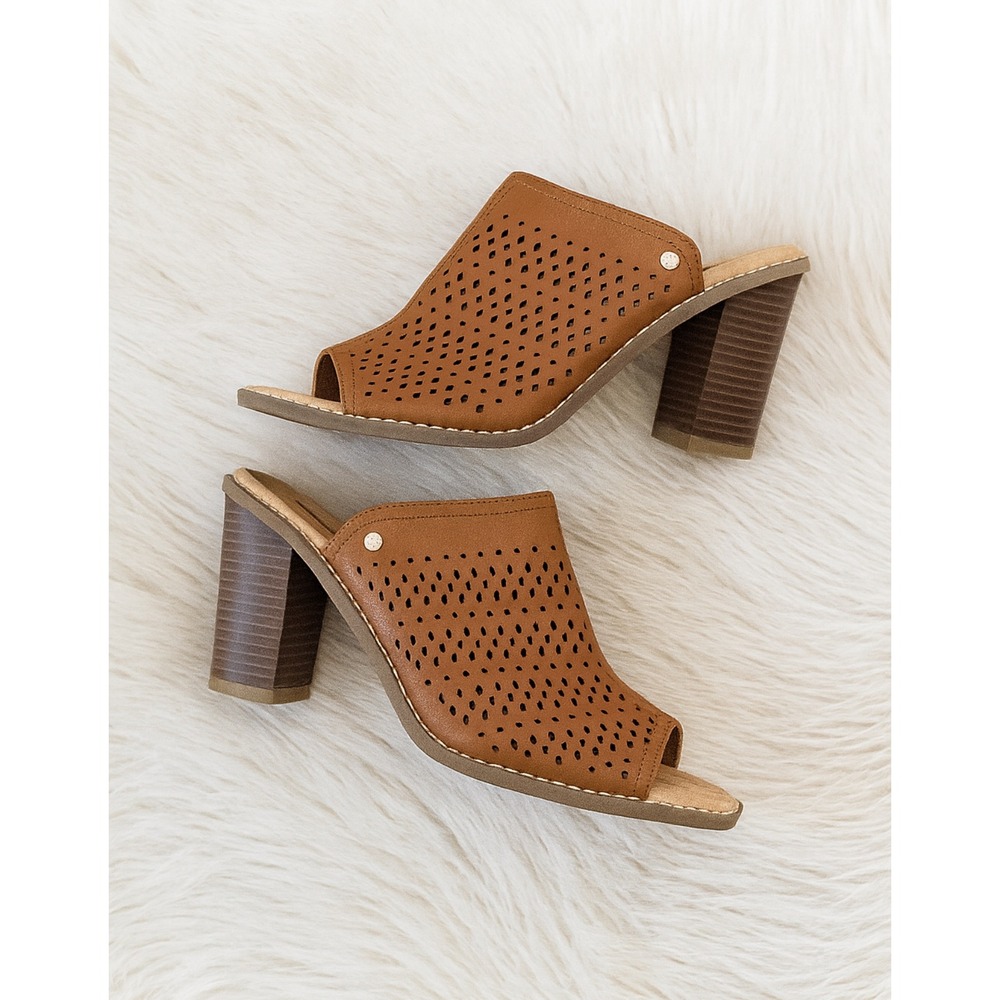 Dr Scholls sz 8.5 Womens Brown Cut Out Leather Open Toe Slip On Heels Chic Comfy